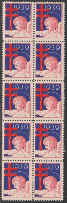 1939 SUA - Bloc de10 vignete de Craciun + Campanie Anti Tuberculoza, TBC
