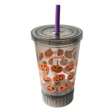 Pahar Plastic, Halloween, Model Dovleac, Pai și Capac, Lumină LED, Negru Smoky