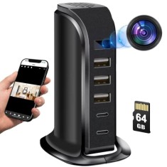 Camera Spion in Statie de Incarcare iUni IP91, 64GB, Wi-Fi, Full HD, Senzor de miscare, 20W, 2 porturi Type-C, 3 porturi USB-A