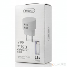 Incarcatoare Retea Tranyoo, V90, 2.1A Charge Kit, 2 x USB + Micro USB Cable, White