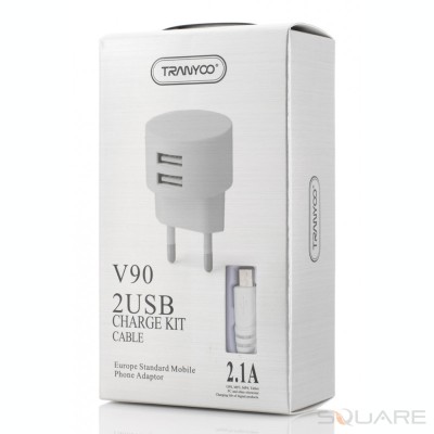 Incarcatoare Retea Tranyoo, V90, 2.1A Charge Kit, 2 x USB + Micro USB Cable, White foto