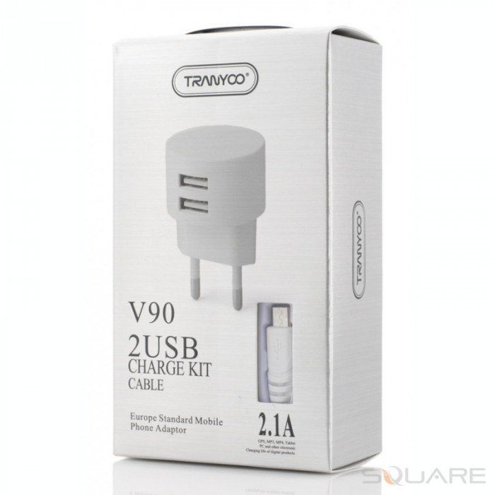 Incarcatoare Retea Tranyoo, V90, 2.1A Charge Kit, 2 x USB + Micro USB Cable, White