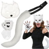 Costum vulpe sau pisica 4 piese alb, cu masca si coada, Ruhhy