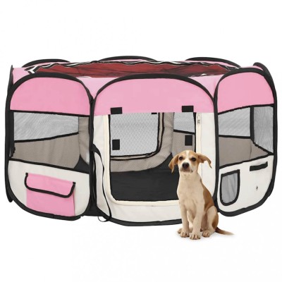 vidaXL Țarc joacă pliabil c&amp;acirc;ini cu sac de transport roz 125x125x61 cm foto