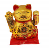 Pisica norocoasa maneki neko aurie cu wu lou si moneda pe perna - 16cm, Stonemania Bijou