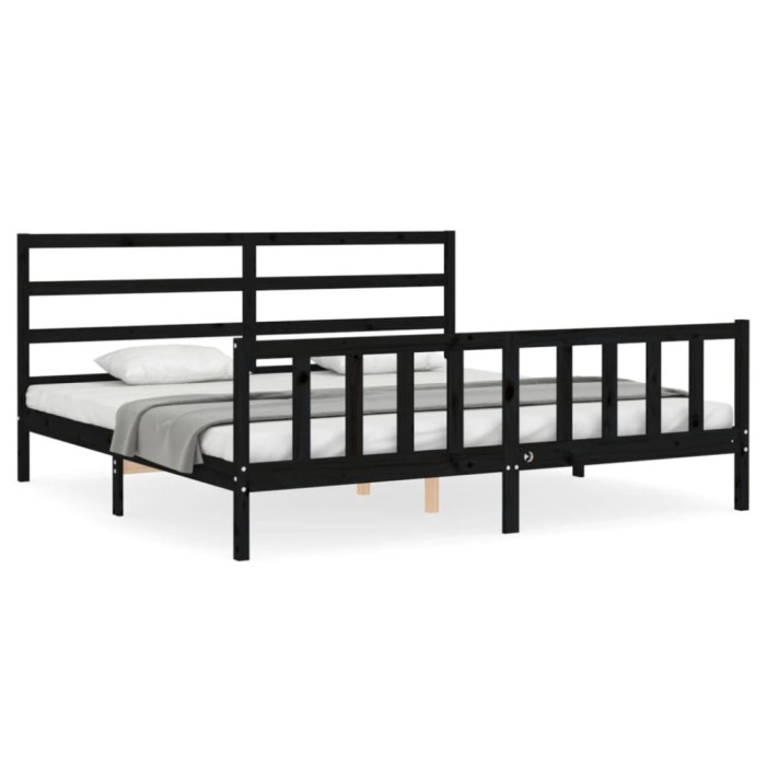 Cadru pat cu tablie 200x200 cm, negru, lemn masiv