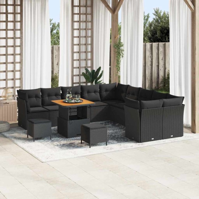Set de Canapele de Grădină , 13 Piese, cu Perne, Negru, din Rattan și Polipropilenă și Acacia