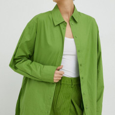 Gestuz camasa din bumbac IsolGZ femei, culoarea verde, cu guler clasic, relaxed