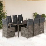 Set bistro de grădină cu perne, 9 piese, gri, poliratan