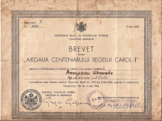 BREVET &amp;quot; MEDALIA CENTENARULUI REGELUI CAROL I&amp;quot; - SEMNAT GRIGORE GAFENCU foto