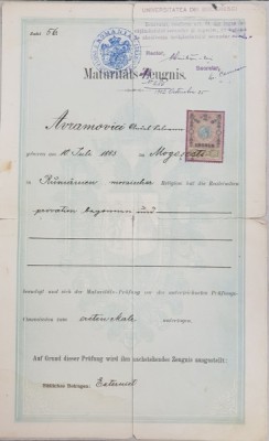 MATURITATS ZEUGNIS - CERTIFICAT DE MATURITATE , EMIS LA CERNAUTI , DATAT1901, STARE AVANSATA DE UZURA * foto