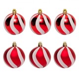 Set Globuri Brad Crăciun, 6 Bucăți, Roșu Mat, Dungi Albe cu Glitter Holografic, 6 cm