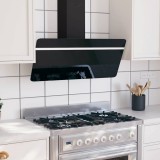 Hotă Decorativă Perete vidaXL, 90cm, Negru, Oțel+Sticlă, 297m&sup3;/h, LED, Filtru Lavabil, 3 Viteze, Clasa C