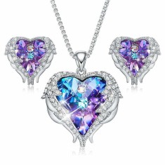 Set Colier si cercei MBrands Placat cu Aur Alb, cristale Austria, forma inima Alb/Mov