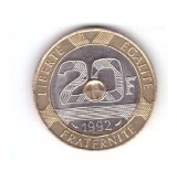 Moneda Franta 20 francs/franci 1992, stare foarte buna, curata, Europa, Cupru-Nichel