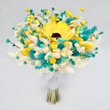 Buchet Floarea Soarelui Handmade, Personalizabil, Nunta &amp; Cadou. Flori Naturale Uscate, 20cm. Accente Alb, Galben, Turcoaz. Eventissimi&reg;