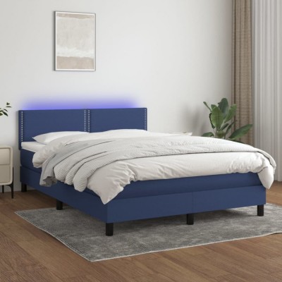 Pat cu arcuri, saltea și LED, albastru, 140x190 cm, textil foto
