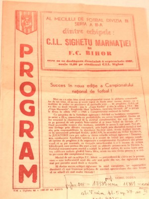Program meci fotbal CIL SIGHETU MARMATIEI - FC BIHOR ORADEA (03.09.1987) foto
