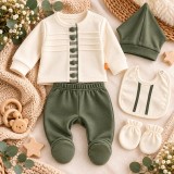 Cumpara ieftin Set nou-născut băiețel 5 piese, verde kaki și crem, 100% bumbac, bluză,