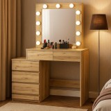 Masa de toaleta si machiaj Adele cu 5 sertare si oglinda 12 LED, 113x47x142 cm, craft Household NewTrend