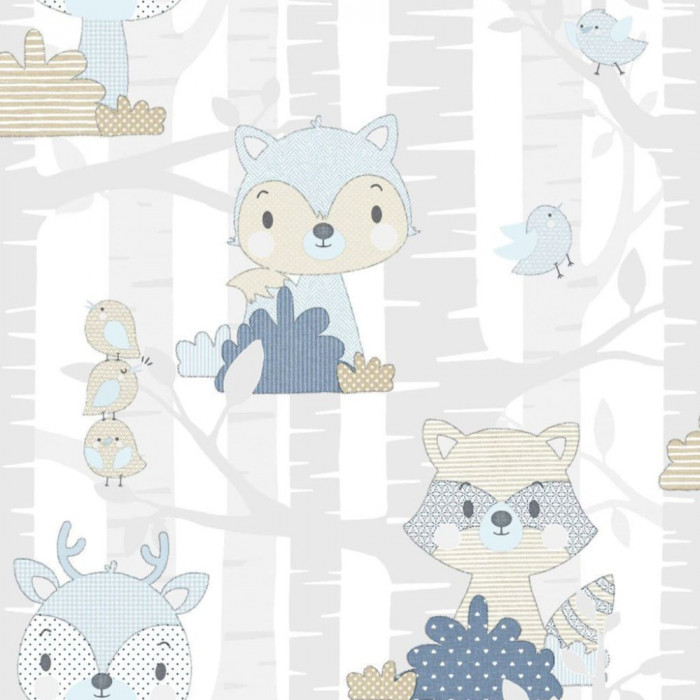 Noordwand Tapet &bdquo;Mondo baby Forest Animals&rdquo;, alb si albastru GartenMobel Dekor
