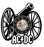 Ceas de perete decorativ realizat din disc de vinil, Model Trupa AC/DC, Tun For About To Rock si Logo AC/DC, Negru Premium, 30 cm