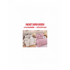 Pachet 2 lenjerii de pat finet, 6 piese, cu elastic, roz florala si mov florala