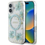 Husa originala Guess iPhone 16 Hardcase Resin Flowers and Glitter MagSafe, turcoaz, GUHMP16SRBFGFGMQ