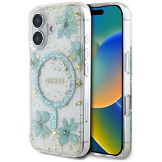 Husa originala Guess iPhone 16 Hardcase Resin Flowers and Glitter MagSafe, turcoaz, GUHMP16SRBFGFGMQ foto
