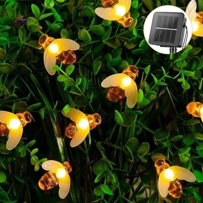 Lumini de gradina cu incarcare solara, model albinute, rezistent la apa, lungime 5m, 20 LED-uri, lumina calda, negru