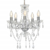 Candelabru cu margele de cristal, argintiu, rotund, 5 x E14