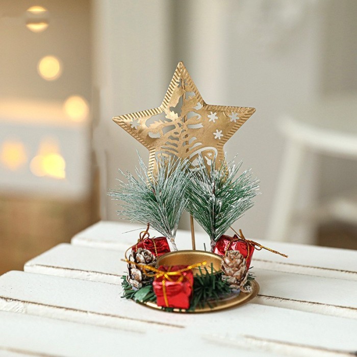 Suport Decorativ pentru Lumanare de Craciun, Flippy, Ornament pentru Lumanare pe Masa, Model Stea cu Clopotei si Crengute de Brad, din Art Metal, fara