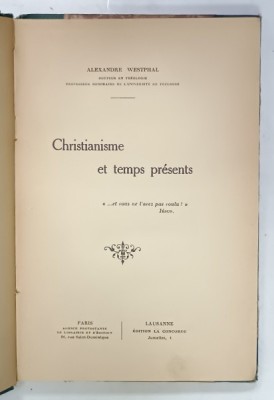 CHRISTIANISME ET TEMPS PRESENTS par ALEXANDRE WESTPHAL , 1919 foto