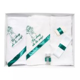 Trusou Botez 6 piese personalizat cu broderie - &quot;Cu drag de la Nasi&quot; - Ingeras - ALB - VERDE - TB111