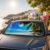 Parasolar auto pliabil cu ventuze, 130x60 cm, Albastru, imprimeu plajă, CMCLASS