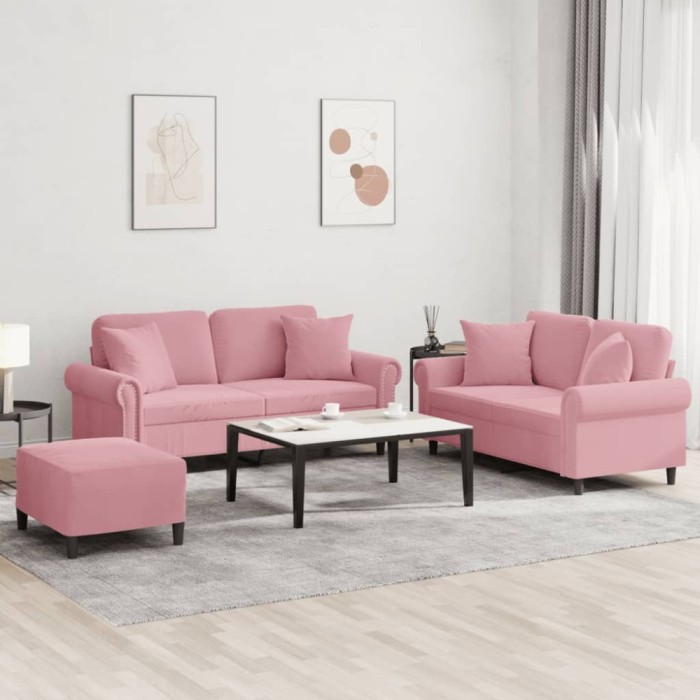 vidaXL Set canapea cu perne, 3 piese, roz, catifea 3202243