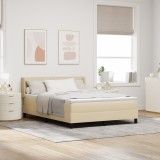 Pat cu arcuri vidaXL cu saltea crem 140x190 cm din material textil, Tăblie design linii vidaXL crem 140 cm din material textil