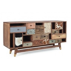 Comoda 11 sertare 2 usi din lemn mango maro si insertie piele Dhaval 160 cm x 40 cm x 75 h