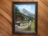 Tablou,pictura in ulei pe lemn cabana in Tirol, Peisaje, Altul