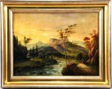 tablou Ulei pe Placaj sec XIX Peisaj Alpin montan rama lemn 31 x 39 cm