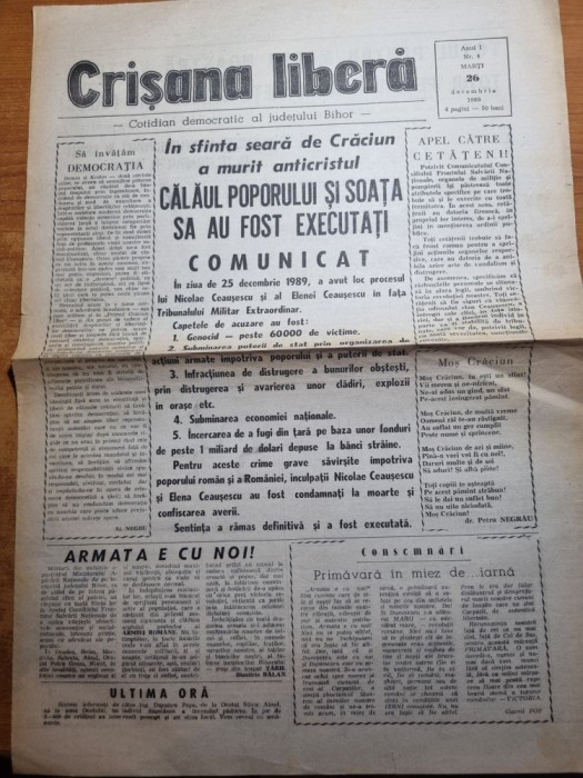 crisana libera 26 decembrie 1989-procesul ,executia sotilor ceausescu,revolutia