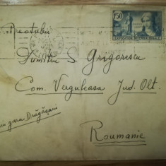 1937, Plic circulat Paris - comuna Verguleasa, Olt, stampila Dragasani