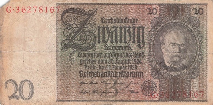 Bancnota Germania 20 Reichsmark 1929 - P181a VF ( vezi descriere )