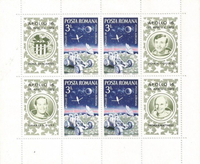 Romania, LP 791a/1972, Apollo 16, in bloc de 4, MNH