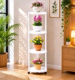 Cumpara ieftin Suport multifunctional pentru flori si plante, cu 4 niveluri si roti, metalic, interior si exterior, alb