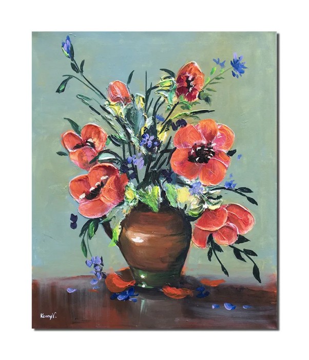 Tablou pictat manual, Vaza cu maci imperiali, 60x50cm acril pe panza in cutit efect 3D, Kenny Varniote