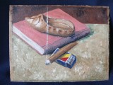 Natura statica cu opincă și cutie de chibrituri rom&acirc;nești, semnat și datat 1979, ulei pe carton, Realism