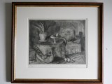 Nuni Dona (1916 Vaslui-2009 Bucuresti),Natura moarta, gravura pointe seche 28x31,5cm. cu rama, Natura statica, Carbune, Realism