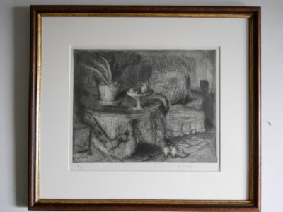 Nuni Dona (1916 Vaslui-2009 Bucuresti),Natura moarta, gravura pointe seche 28x31,5cm. cu rama foto