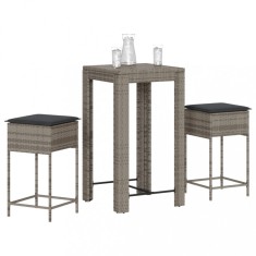 vidaXL Set mobilier bar de gradina, cu perne, 3 piese, gri, poliratan foto